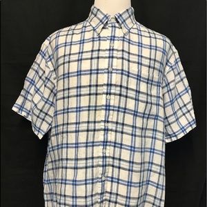 Brooks Brothers Men's Bluewhite plaid Short Sleeve Button Irish linen Shirt  2XL
